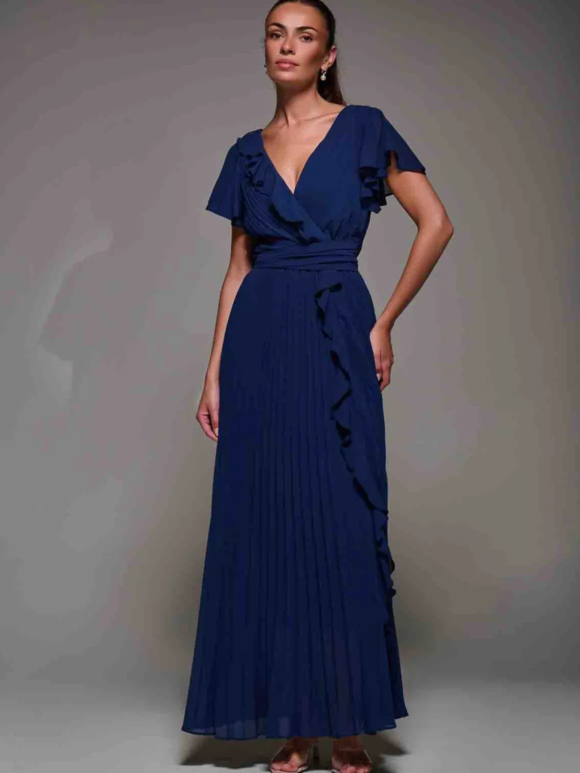 Pleated Frill Detail Chiffon Maxi Dress Navy