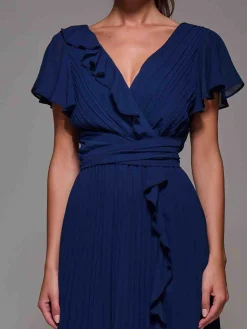 Pleated Frill Detail Chiffon Maxi Dress Navy