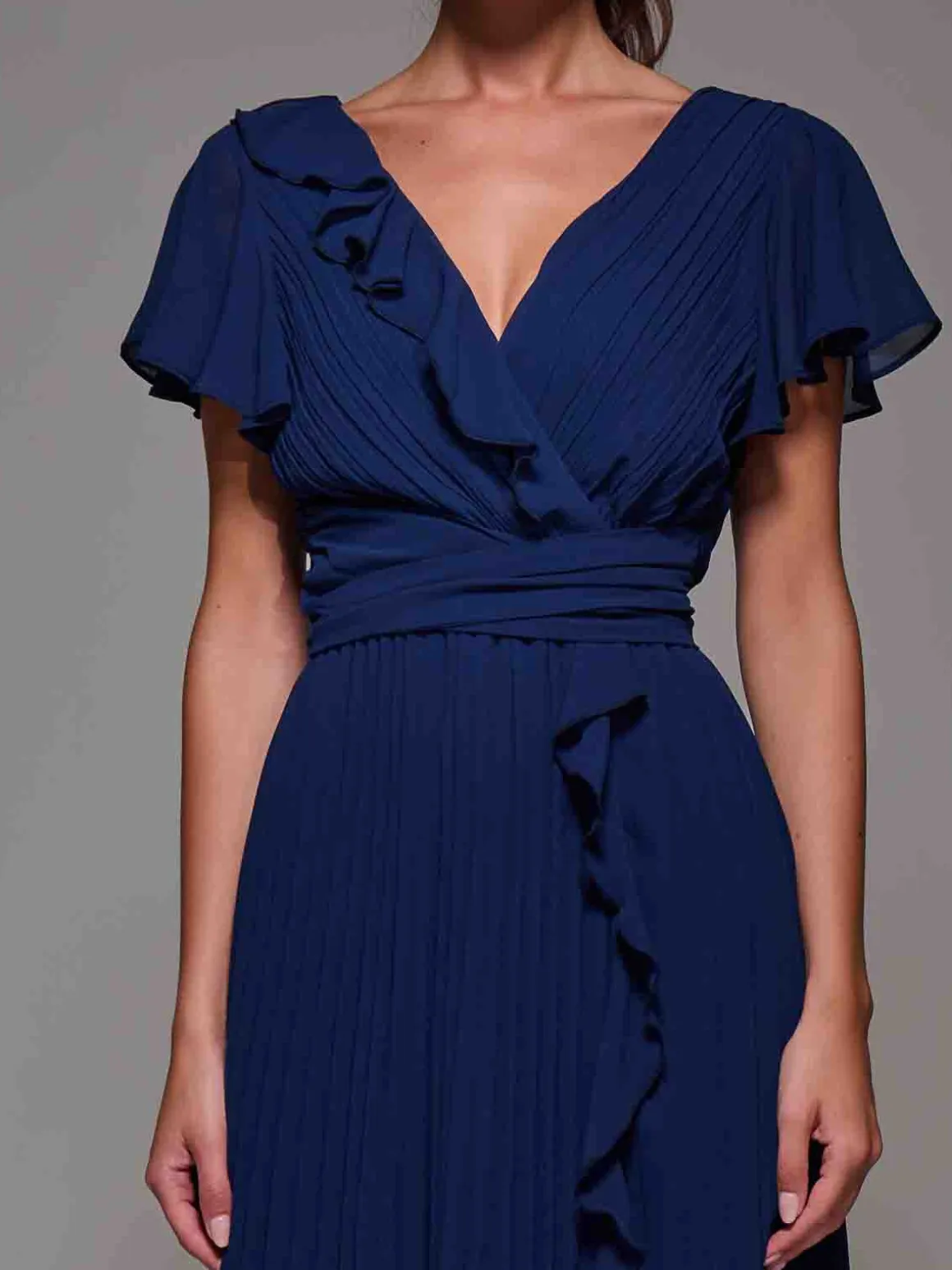 Pleated Frill Detail Chiffon Maxi Dress Navy