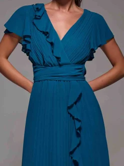 Pleated Frill Detail Chiffon Maxi Dress, Teal