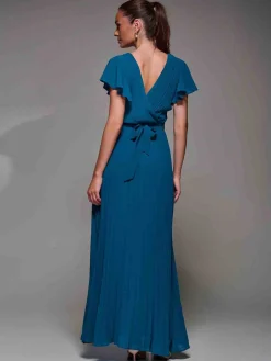 Pleated Frill Detail Chiffon Maxi Dress, Teal