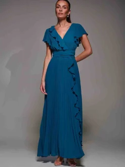Pleated Frill Detail Chiffon Maxi Dress, Teal