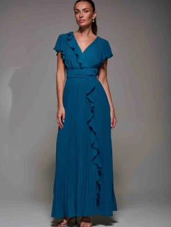 Pleated Frill Detail Chiffon Maxi Dress, Teal