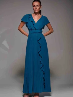 Pleated Frill Detail Chiffon Maxi Dress, Teal
