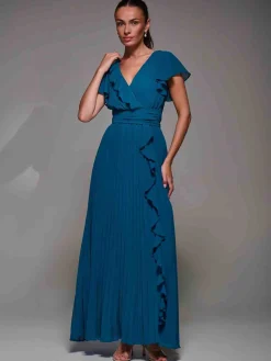 Pleated Frill Detail Chiffon Maxi Dress, Teal