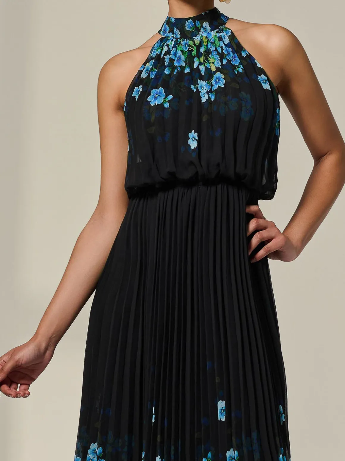 Pleated Halterneck Maxi Dress, Blue Floral