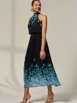 Pleated Halterneck Maxi Dress, Blue Floral