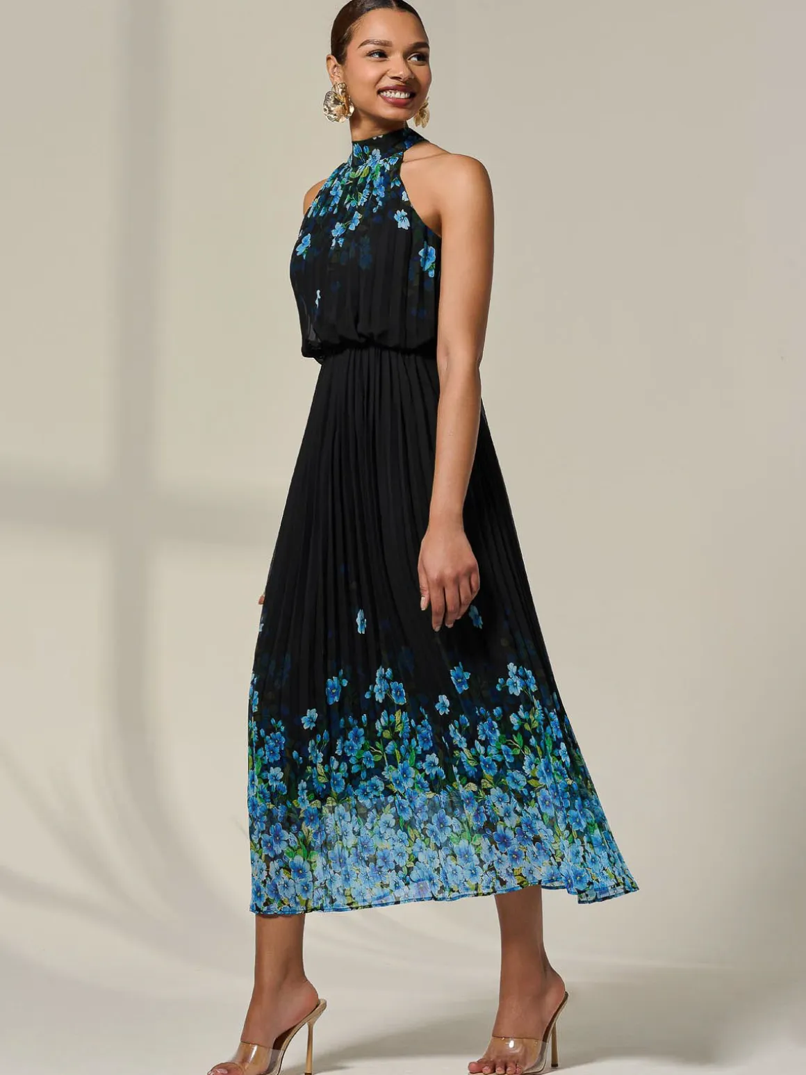 Pleated Halterneck Maxi Dress, Blue Floral