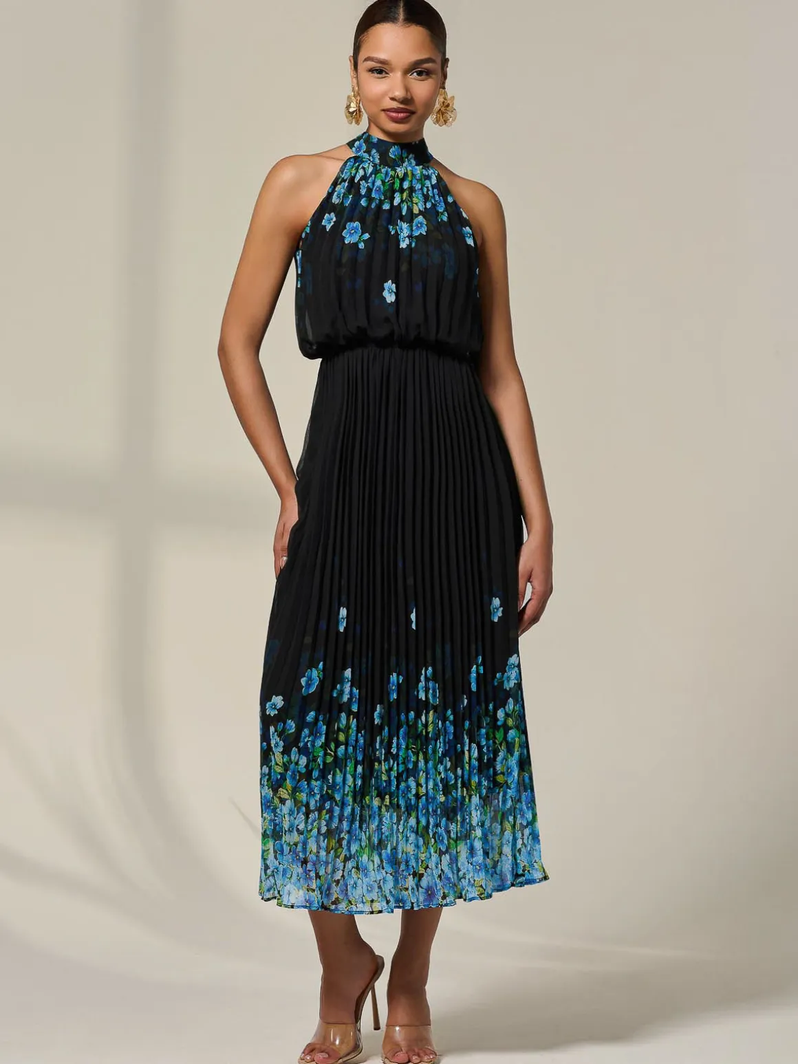 Pleated Halterneck Maxi Dress, Blue Floral
