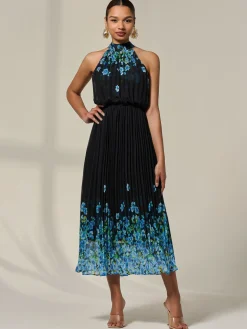 Pleated Halterneck Maxi Dress, Blue Floral