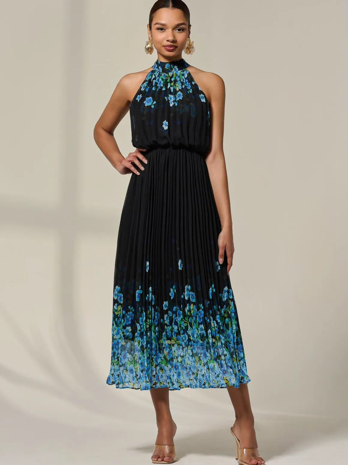 Pleated Halterneck Maxi Dress, Blue Floral