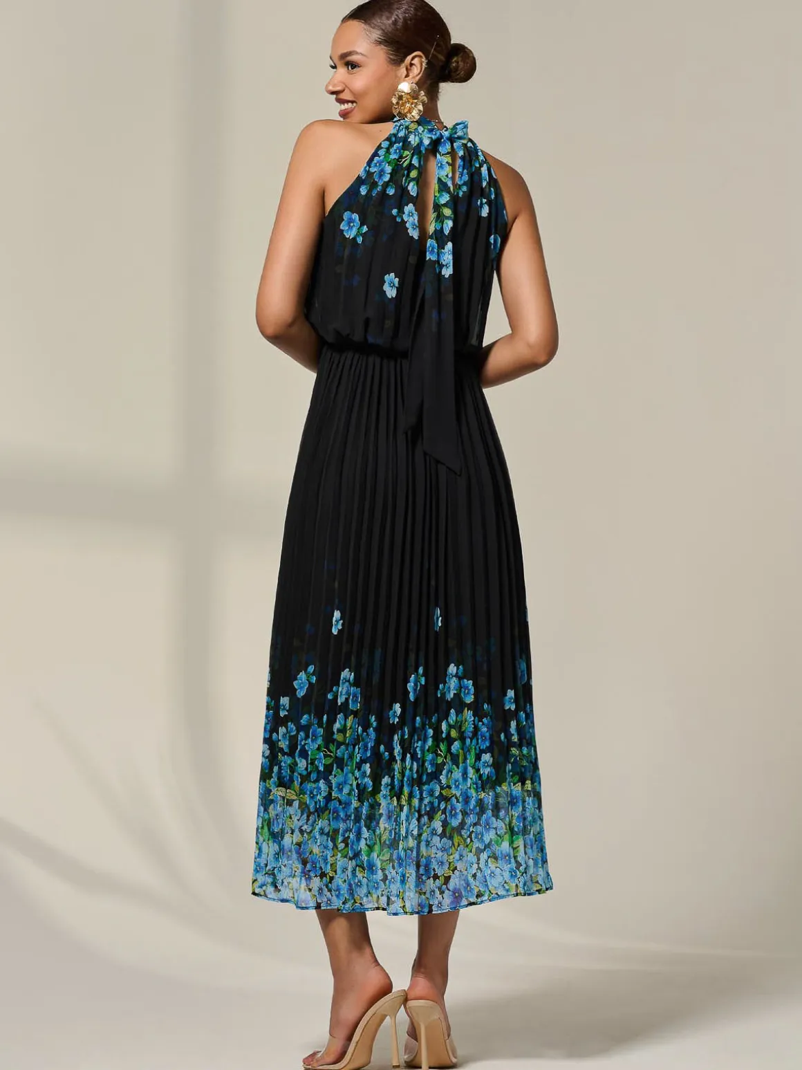 Pleated Halterneck Maxi Dress, Blue Floral