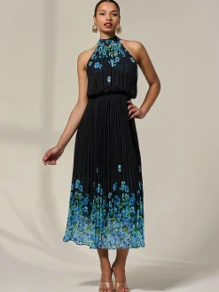 Pleated Halterneck Maxi Dress, Blue Floral