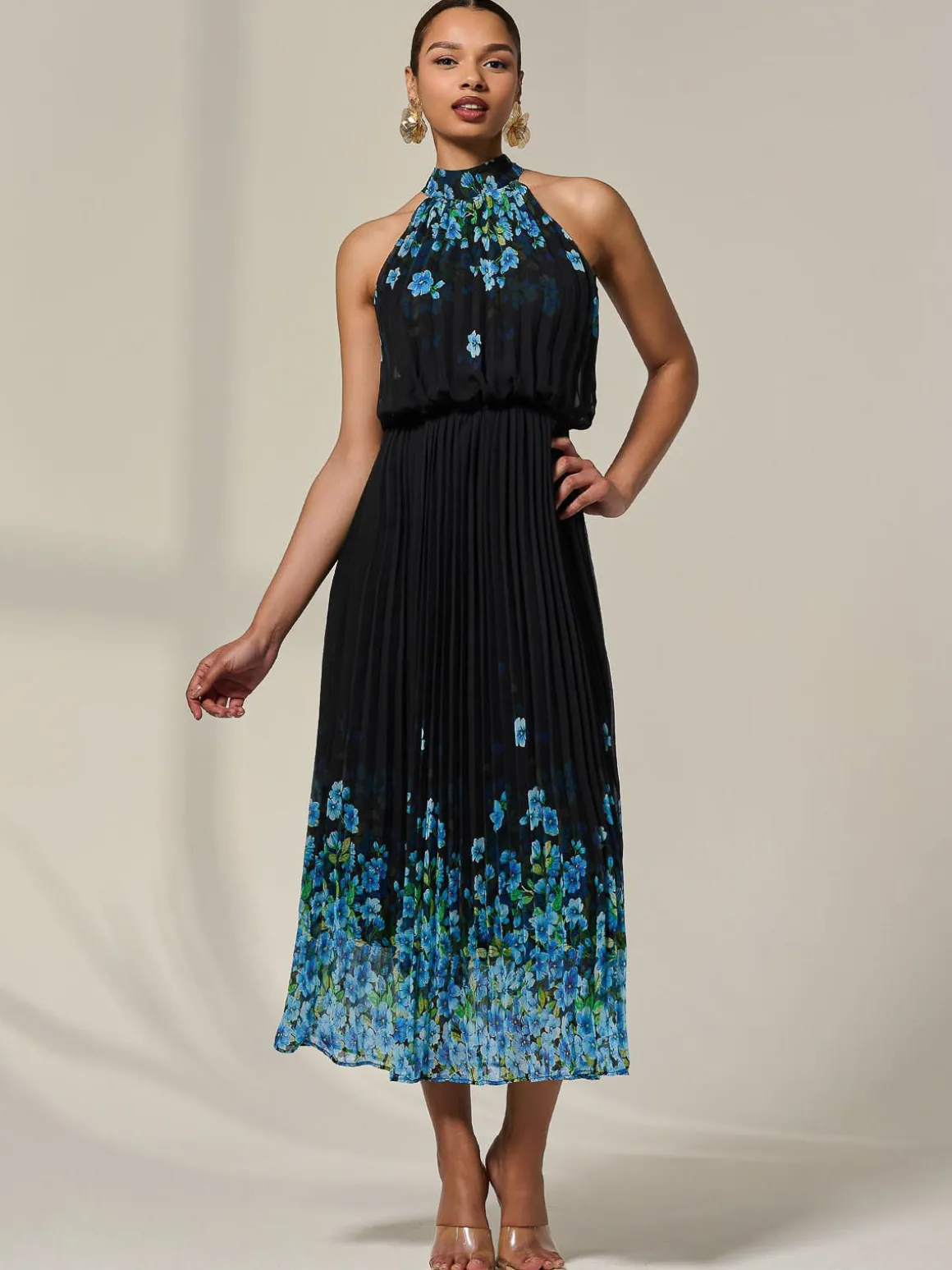 Pleated Halterneck Maxi Dress, Blue Floral