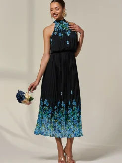 Pleated Halterneck Maxi Dress, Blue Floral