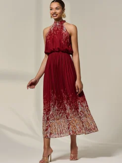 Pleated Halterneck Maxi Dress, Red Floral