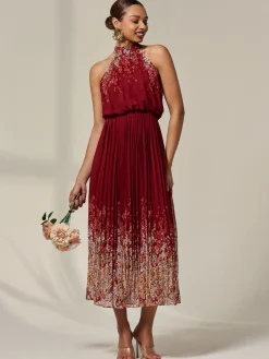 Pleated Halterneck Maxi Dress, Red Floral