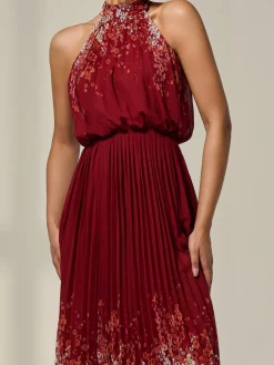 Pleated Halterneck Maxi Dress, Red Floral