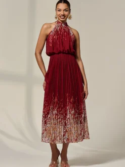 Pleated Halterneck Maxi Dress, Red Floral