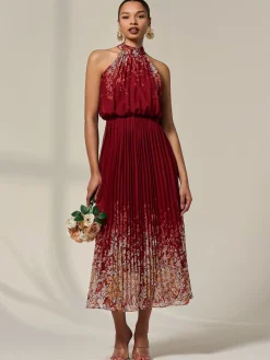 Pleated Halterneck Maxi Dress, Red Floral