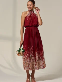 Pleated Halterneck Maxi Dress, Red Floral
