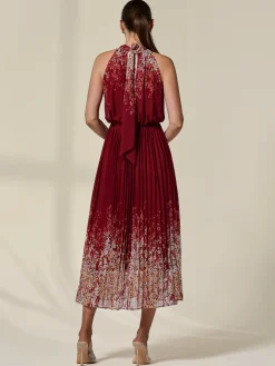 Pleated Halterneck Maxi Dress, Red Floral