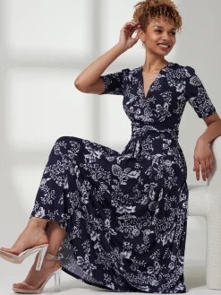 Pleated Jersey Maxi Dress, Navy White Floral
