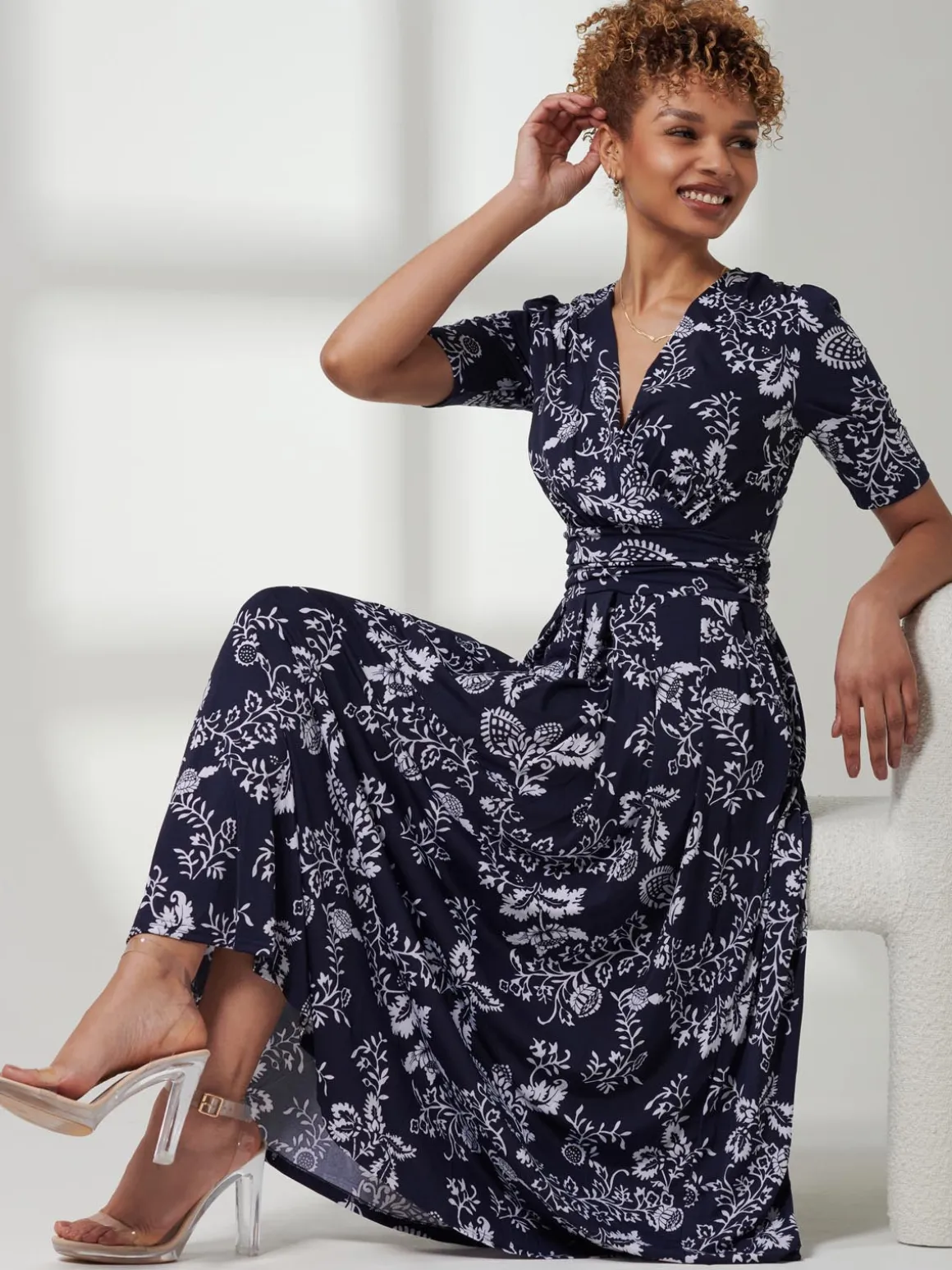 Pleated Jersey Maxi Dress, Navy White Floral