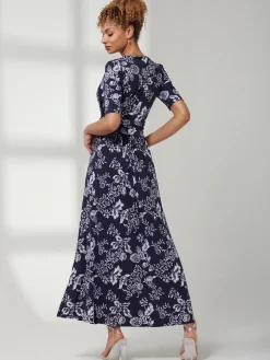 Pleated Jersey Maxi Dress, Navy White Floral