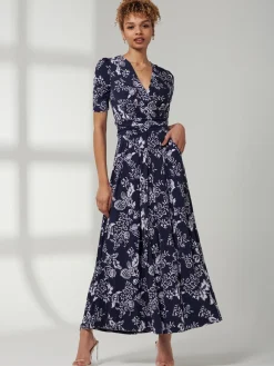 Pleated Jersey Maxi Dress, Navy White Floral