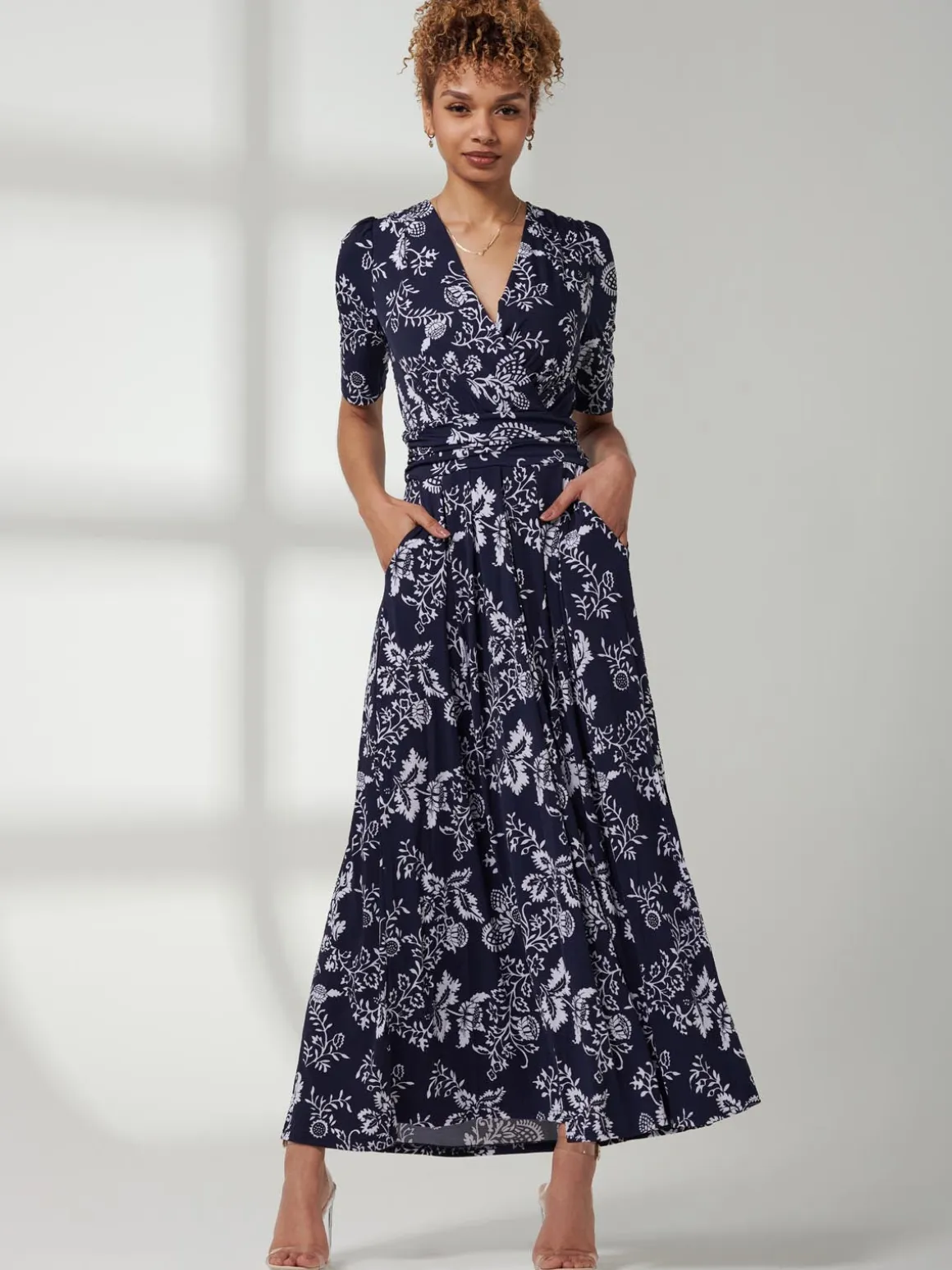 Pleated Jersey Maxi Dress, Navy White Floral