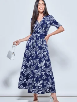Pleated Jersey Maxi Dress, Navy White Floral