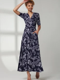 Pleated Jersey Maxi Dress, Navy White Floral