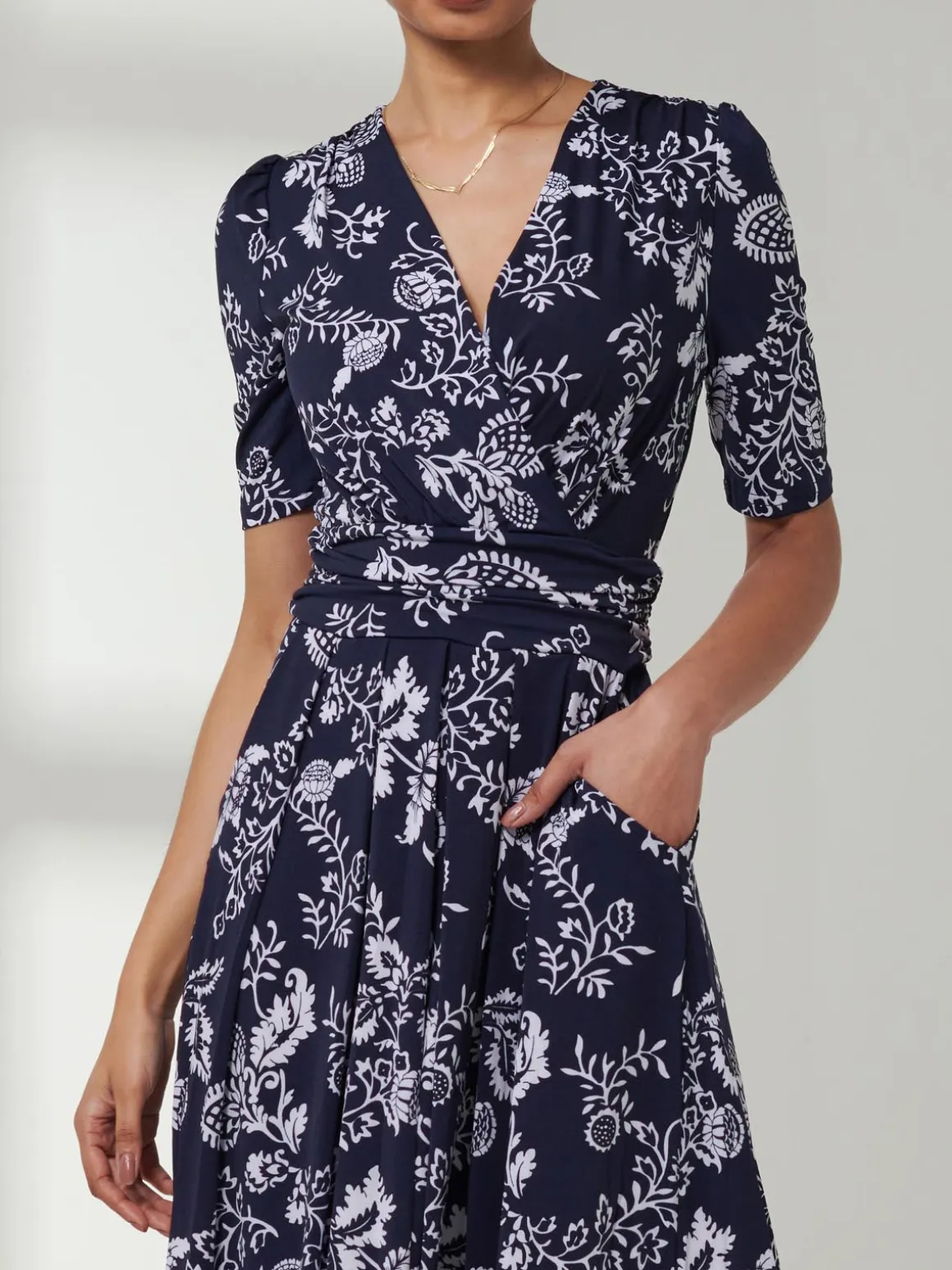 Pleated Jersey Maxi Dress, Navy White Floral