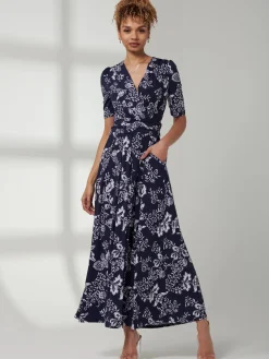 Pleated Jersey Maxi Dress, Navy White Floral