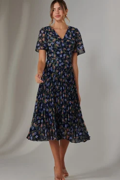 Pleated Midaxi Dress, Navy Blue Multi