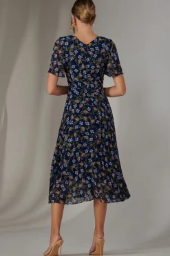 Pleated Midaxi Dress, Navy Blue Multi