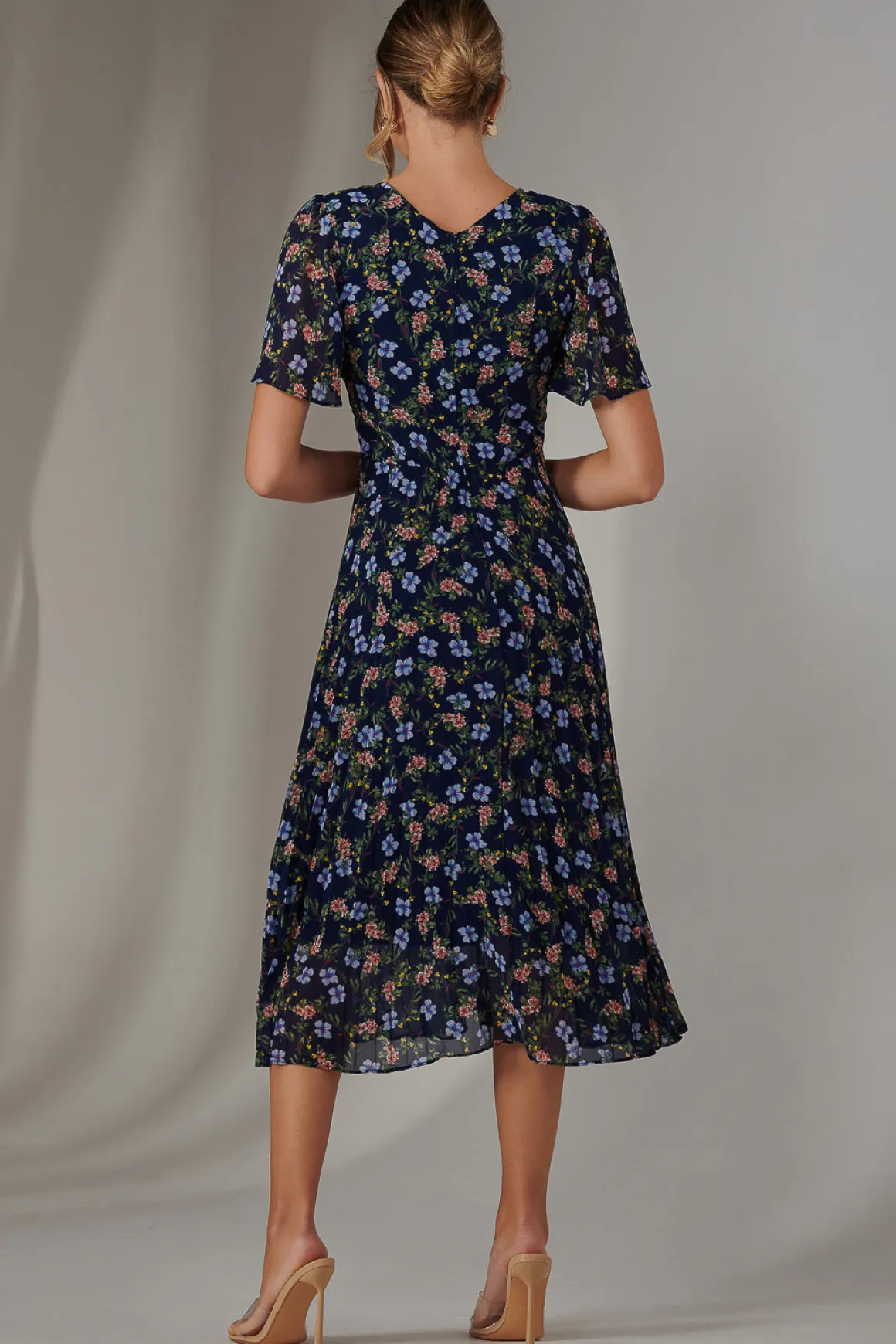 Pleated Midaxi Dress, Navy Blue Multi