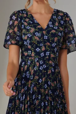 Pleated Midaxi Dress, Navy Blue Multi