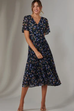 Pleated Midaxi Dress, Navy Blue Multi