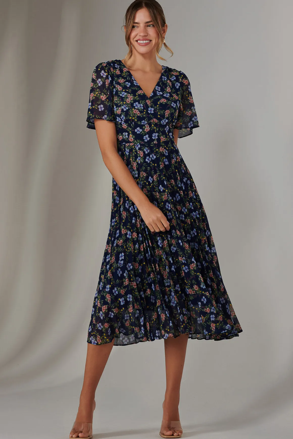 Pleated Midaxi Dress, Navy Blue Multi