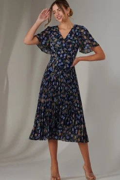 Pleated Midaxi Dress, Navy Blue Multi