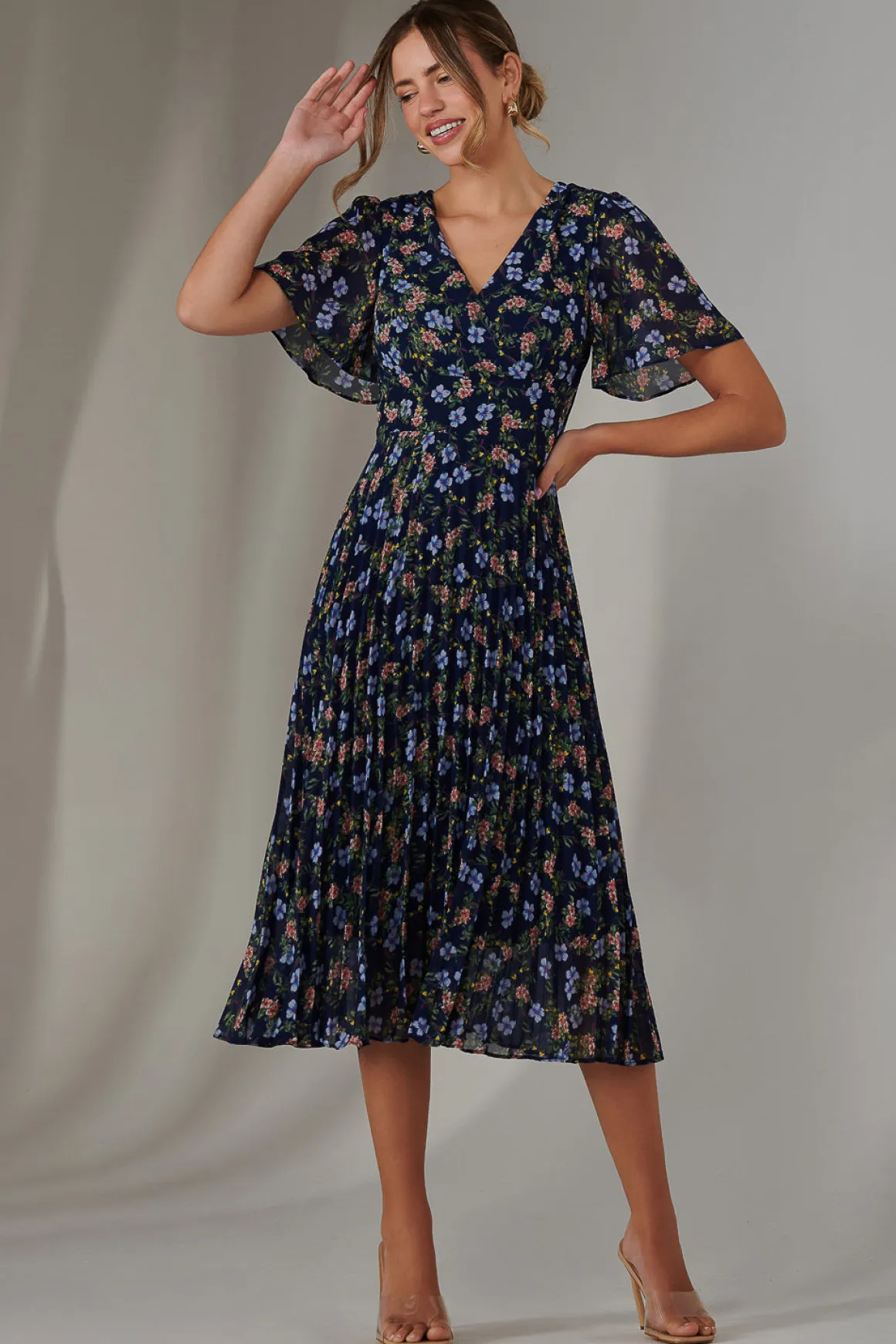 Pleated Midaxi Dress, Navy Blue Multi