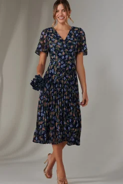 Pleated Midaxi Dress, Navy Blue Multi