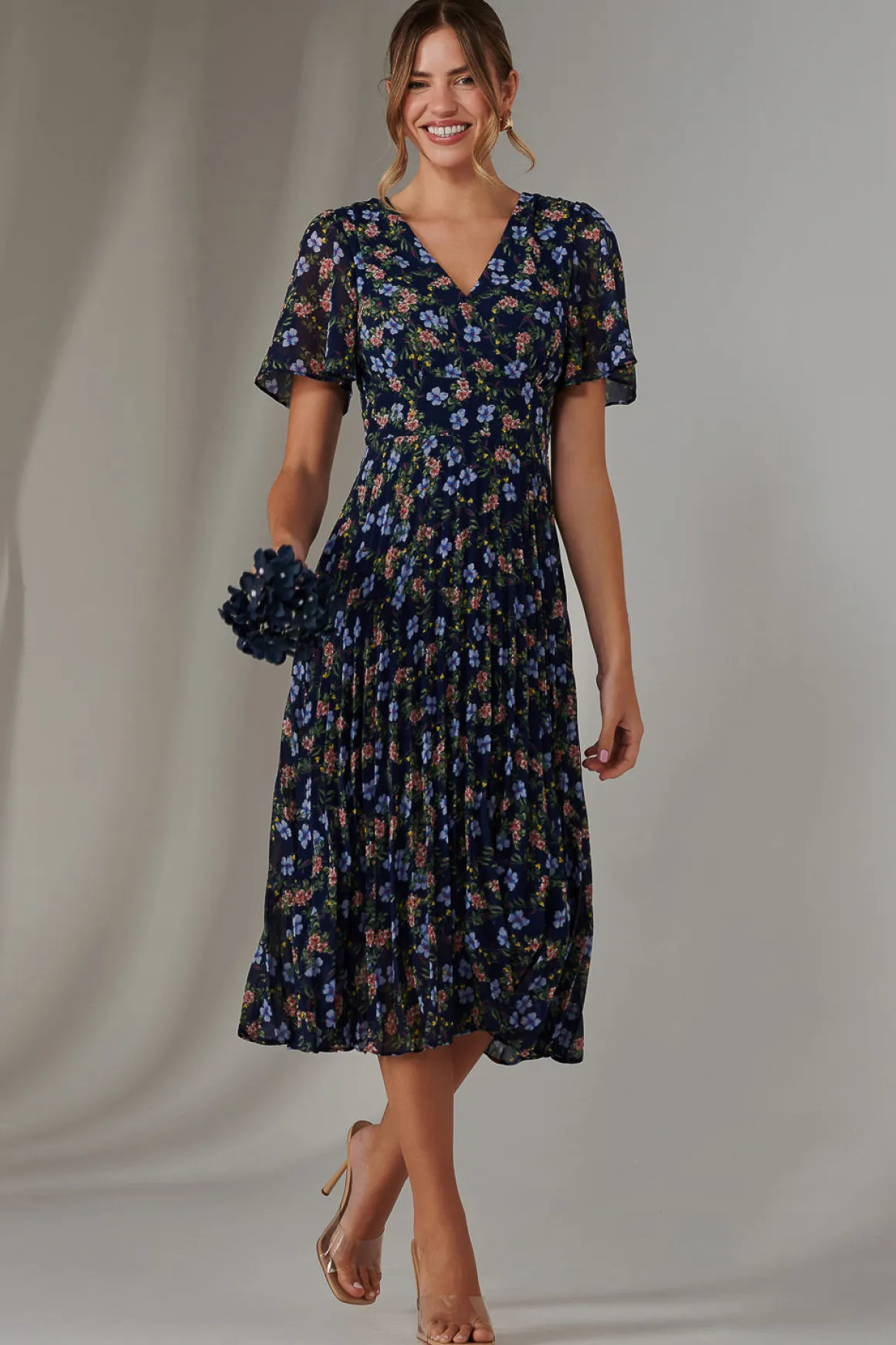 Pleated Midaxi Dress, Navy Blue Multi