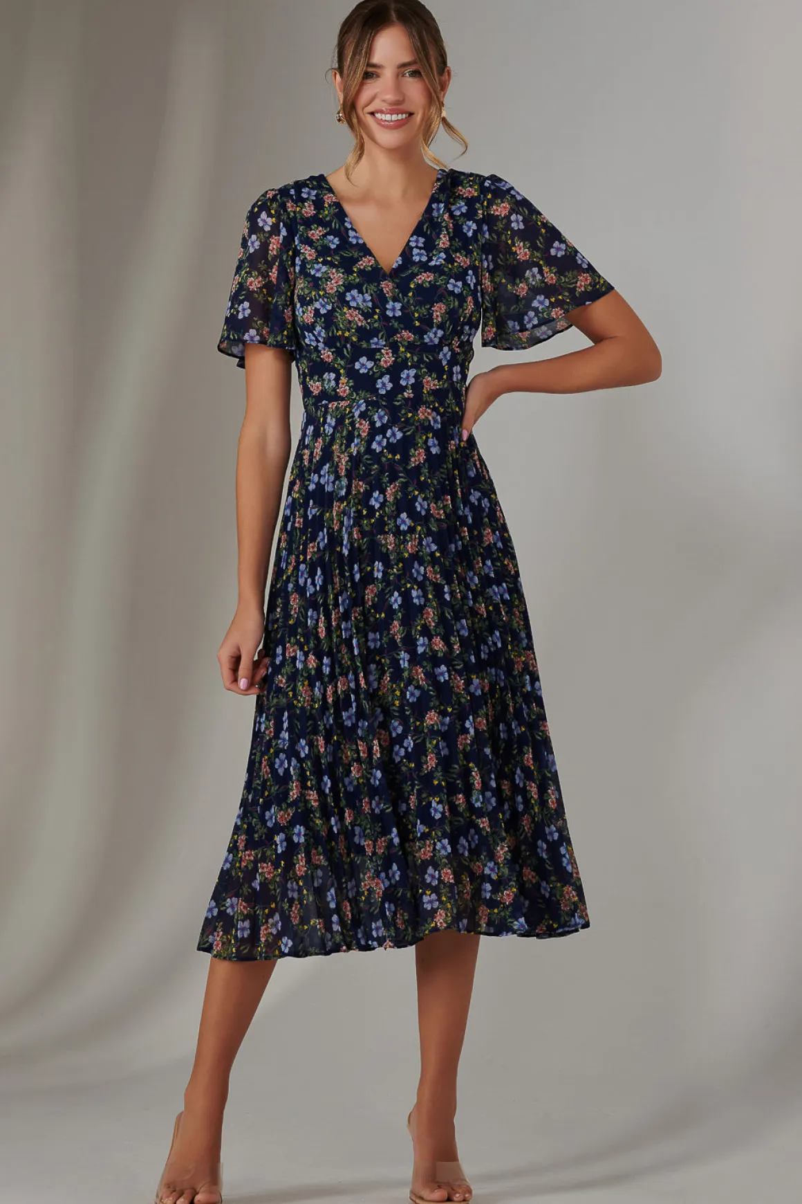 Pleated Midaxi Dress, Navy Blue Multi