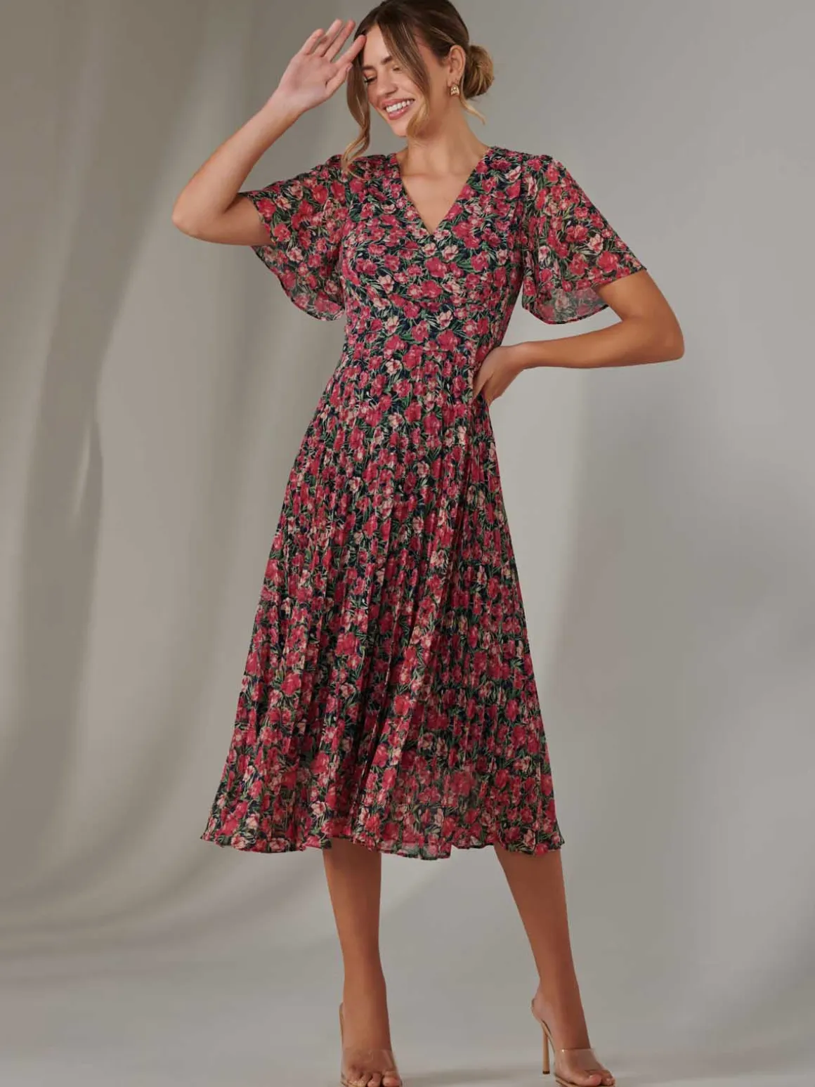 Pleated Midaxi Dress Pink Floral
