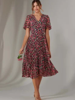 Pleated Midaxi Dress Pink Floral