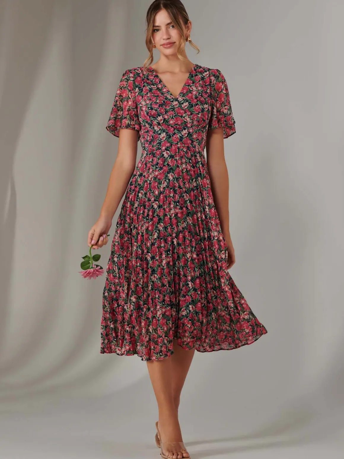 Pleated Midaxi Dress Pink Floral