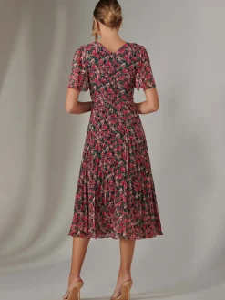 Pleated Midaxi Dress Pink Floral